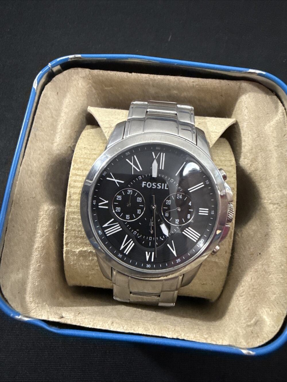 Men’s Fossil Grant Wristwatch FS-4736 W/Box New Battery 44mm Case 7.75” Band